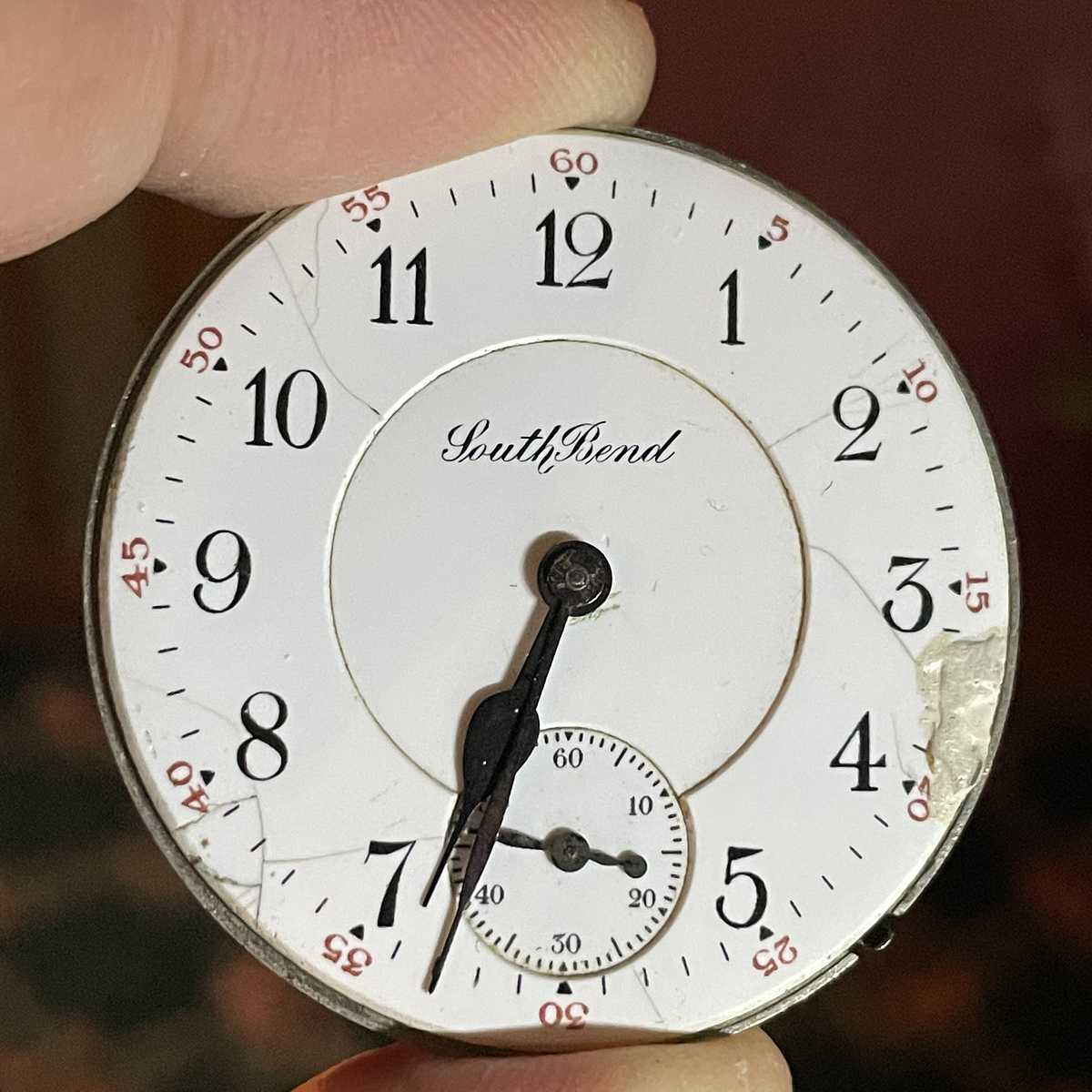 1909 South Bend Watch Grade 212 Cracked and chipped dial