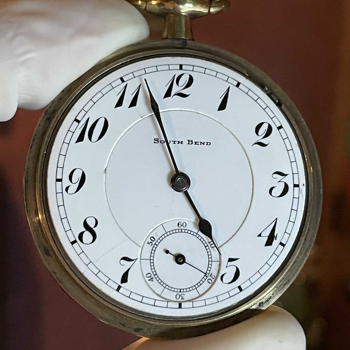1928 South Bend Watch Grade 227 Simple white and black dial in pocket watch case