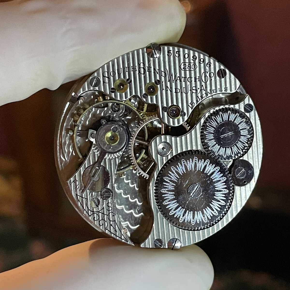 1909 South Bend Watch Grade 280 Movement with vertical damaskeening